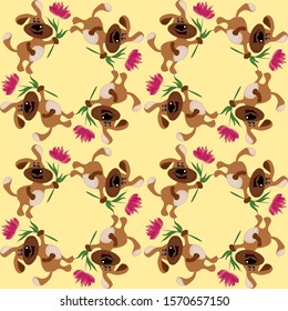 Seamless texture, pattern - a dog carries a flower as a gift