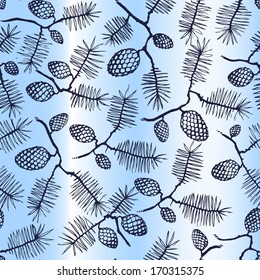 seamless texture pattern with fir cones and twigs. spruce, pine, fir, spruce, fir needles.  light gradient blue background. 
