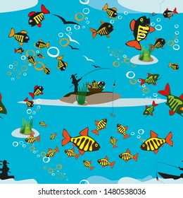 Seamless Texture Pattern Fishing. Beautiful summer hobby. Vector poster. EPS.