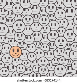 Seamless texture of a pattern with funny faces. Positive smile on the background of a sad world of monotonous people. Vector illustration, paper template