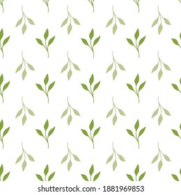Seamless Texture Pattern with Green Leaves On White Background. Vector Background For Spring, Summer style Fabric, Wallpaper, Scrapbooking
