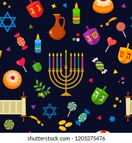 Seamless texture - pattern for the Jewish holiday of Hanukkah. Traditional symbols of the icon - dreidl, sweets, donuts, menorah, Star of David. Flat vector illustration isolated