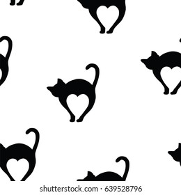 Seamless texture pattern, silhouette cat, showing the shape of hearts, vector illustration