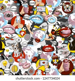 Seamless texture pattern with social media signs and trendy icons for creative. Digital lifestyle concept. Social network symbols pattern.