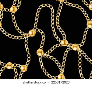 Seamless texture pattern in the style of the 80s from golden chains, jewelry, golden balls with black background . Print for trendy fabrics, printing, advertising.