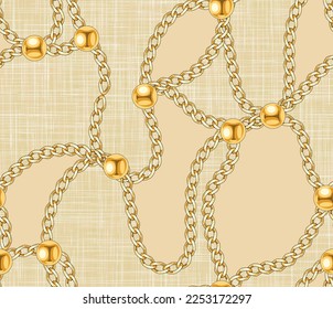 Seamless texture pattern in the style of the 80s from golden chains, jewelry, golden balls with seamless background . Print for trendy fabrics, printing, advertising.