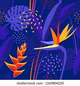 Seamless texture, pattern with tropical flowers and leaves, plants. Garden of Eden, forest, jungle. Print with monstera, heliconia, strelitzia, palm. Purple, yellow, orange colors.