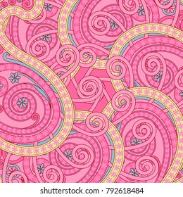Seamless texture with patterns in the form of droplets on pink