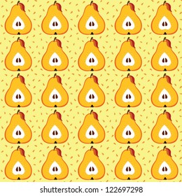 Seamless texture of pears in a cut with leaves on a light background. Illustration