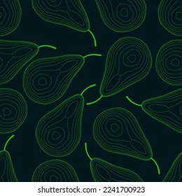 Textura sin foco con peras de líneas verdes aisladas en un fondo oscuro. Ilustración vectorial.