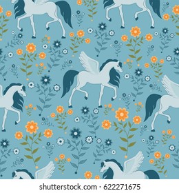 seamless texture with pegasus and flowers 