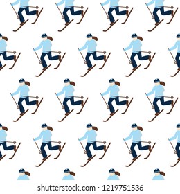 Seamless texture,  person on skis,  pattern, sport, skis, hand drawing, flat style,  vector illustration