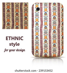 Seamless texture and phone cover decorated in orange floral ornament. Tribal style. Vector illustration.