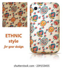 Seamless texture and phone cover decorated in orange floral ornament on a light background. Tribal style. Vector illustration.