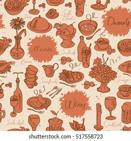 seamless texture of the pictures of kitchen utensils and various dishes