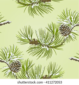 Seamless texture Pine branch with snow and pine cone  vector illustration