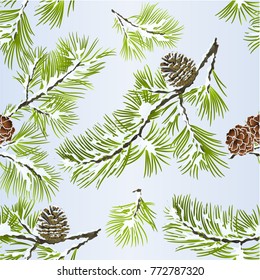 Seamless texture pine tree and pine cones branches winter snowy  natural background vitage vector illustration editable hand draw