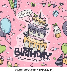 Textura transparente de los doodles de color rosa al cumpleaños