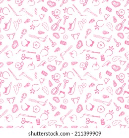 Seamless texture with pink comb, barrette, ornament of the head, hairdryer and other woman`s accessories and floral elements. Princess pattern background. Fashion seamless pattern 