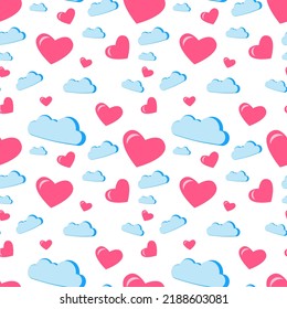 Textura sin foco con corazones rosados y nubes sobre fondo blanco