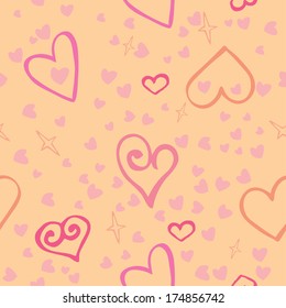 seamless texture of pink hearts on a light orange background