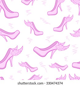 Seamless texture with pink winged women's shoes