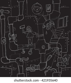 seamless texture, pipes, plumbing, men, steampunk, isolated vector
