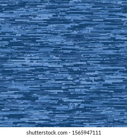 Seamless Texture of Pixel Denim Blue Melange Marl Blend. Variegated Indigo Dye Color Tones. Dense Pixelated Noise Style. Disrupted Glitch Stripe Flowing Water Effect Background. Vector Swatch EPS 10 