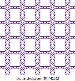 Seamless texture. Pixel graphics. Various versions of the squares on the location of the mounting area. Vector Image. For web design, presentations, textile and light industry. White and purple color