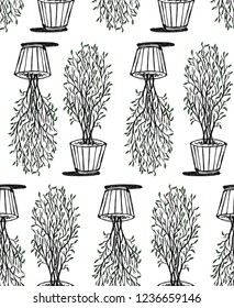 Seamless texture with a plant in a pot. Tiled pattern with Houseplant in a pot. Can be used as wallpaper, desktop, wrapping, fabric or background for your blog, covers, cards.