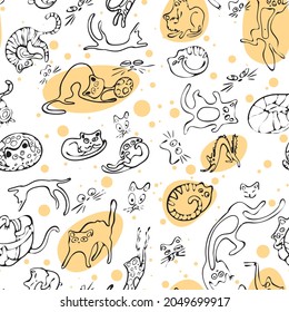Seamless texture with playing cats in a contour sketch