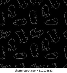 Seamless texture with plump dragon doing gymnastic exercises and yoga asanas. Vector background about sport
