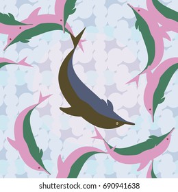 Seamless texture with a pod of dolphins under water, illustration for background