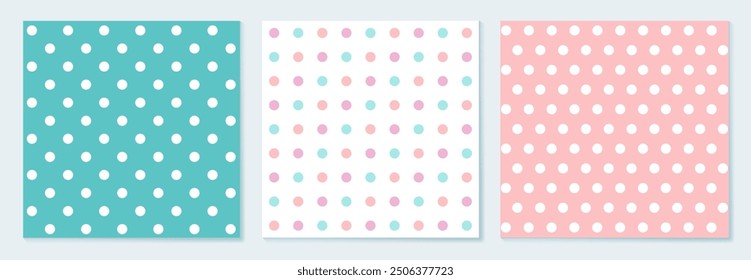 Seamless texture polka dots set, vertical and diagonal dots background, pastel geometric halftone pattern, white, pink, orange, gift wrapping paper elements.