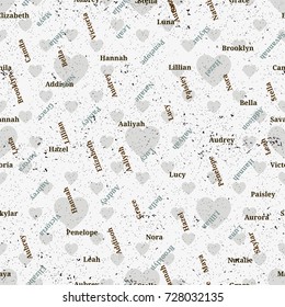 Seamless texture of popular woman's names. Valentines day. Girl name seamless vector.