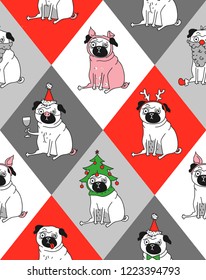 seamless texture with a pug in different Christmas costumes. Year of the little pig. Vector illustration