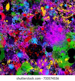 Seamless texture with purple, green, yellow, black, red colors. Spots and sharp elements. Abstract vector background for web page, fabric, home decor, wrapping