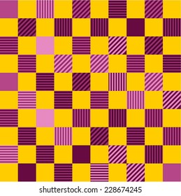 Seamless Texture of Purple and Pink Checker Pattern of Varius Tones, With Strips of Vertical ,Horizontal and Diagonal Directions Randomly Inside The Grids, on Yellow Background.