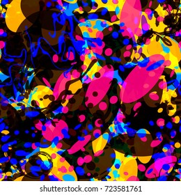 Seamless texture. Purple, yellow, blue, black colors. Dark pattern with light elements. Abstract vector background for web page, banners, fabric, home decor, wrapping 