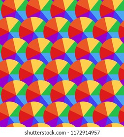 Seamless texture with rainbow circles divided into segments. Multicolored umbrellas. Vector child pattern for wrapping paper, wallpaper in the nursery and your creativity.