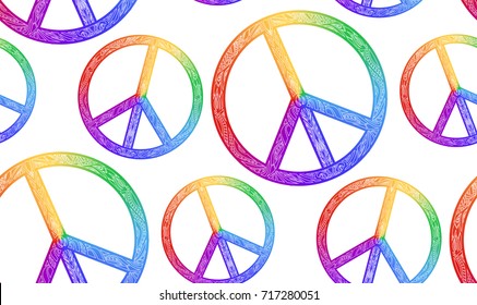 Seamless texture with rainbow symbol of peace and a boho pattern on a white background. Vector element for fabrics, wallpaper, wrapping paper and your creativity