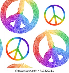 Seamless texture with rainbow symbol of peace and a boho pattern on a white background. Vector element for fabrics, wallpaper, wrapping paper and your creativity