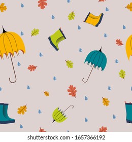 Seamless texture, rainy weather, raindrops, oak leaves, umbrellas and rubber boots.