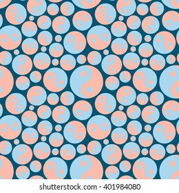 Seamless texture with random blue and orange Yin Yang symbols on green-blue background.