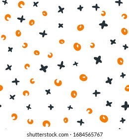 Textura transparente con círculos aleatorios y coloridos y cruces dibujadas a mano. Patrón vectorial. Un patrón impecable. Ilustración vectorial.