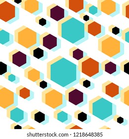 Seamless texture with random colorful hexagons. Fashionable shades. Vector pattern.