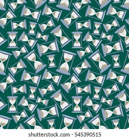 Seamless texture with random hourglasses on green background
