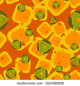Seamless texture of randomly arranged triangles, squares and circles. Six-color pattern. Cheerful background.