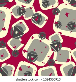 Seamless texture of randomly arranged triangles, squares and circles. Six-color pattern. Cheerful background.