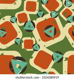 Seamless texture of randomly arranged triangles, squares and circles. Six-color pattern. Cheerful background.